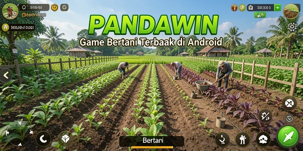 Tampilan antarmuka game PANDAWIN dengan fitur bertani yang menarik.