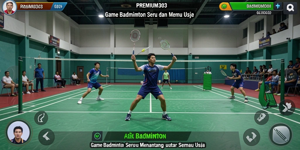 Tampilan antarmuka PREMIUM303 dengan karakter Badminton yang dinamis.